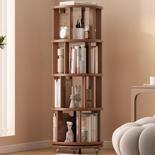 Solid Wood Rotating Bookshelf on Wheels, 4 Tier, Round Revolving Bookcase, 360° Spinning Book Shelf Tower for Kids, Narrow Rolling Bookshelves for Small Space, Corner, Bedroom, Office, Walnut