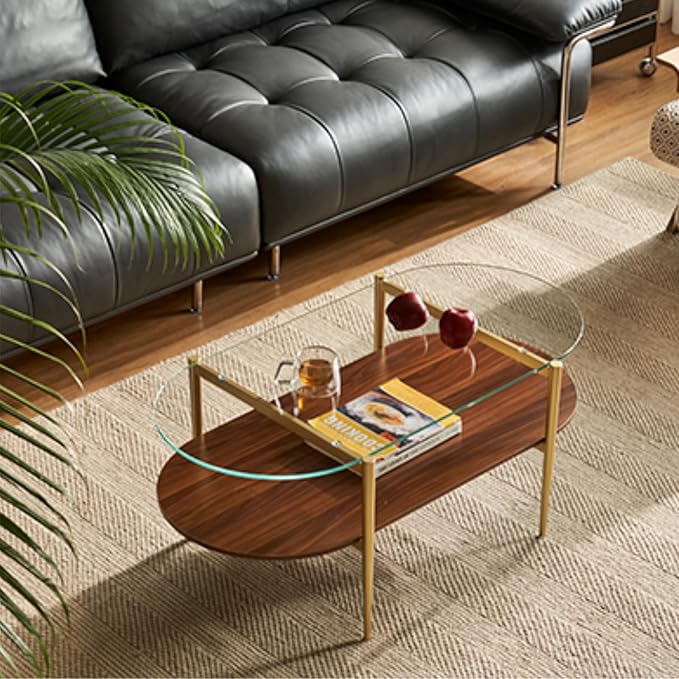 Saint Mossi Oval Glass Coffee Table for Small Living Room, Double Layer Glass and Wood Center Table, Clear Glass & Coffee Brown MDF Bottom Shelf, 41”x21 x17, Gold Table Legs