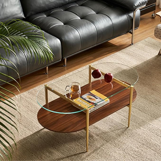 Saint Mossi Oval Glass Coffee Table for Small Living Room, Double Layer Glass and Wood Center Table, Clear Glass & Coffee Brown MDF Bottom Shelf, 41”x21 x17, Gold Table Legs