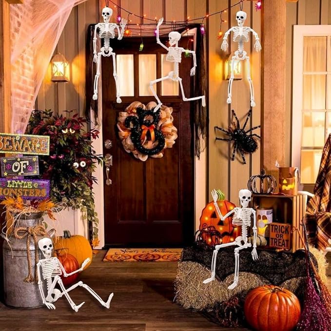 5 Pack Posable Skeleton Halloween Decorations, 16in Halloween Skeleton Decor- Full Body Movable Joints with 22 Spiders & Cobweb, Outdoor/Indoor Scary Party Graveyard Props Hanging Skeletons