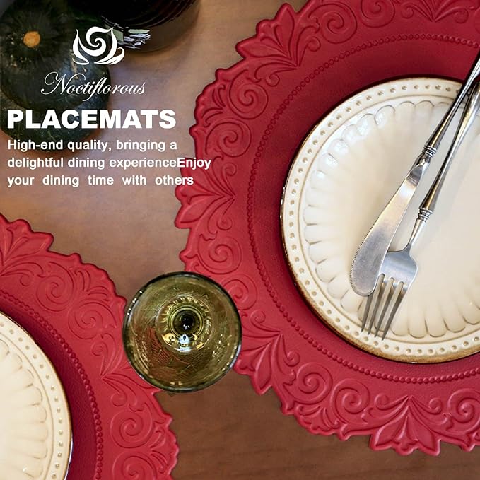 Noctiflorous Round Faux Leather 15 Inch Placemats Set of 6 Waterproof Wipeable Heat Resistant Tablemat for Dining Table Kitchen Non Slip Washable Oilproof Table Place Mat(Holly Red, 6)