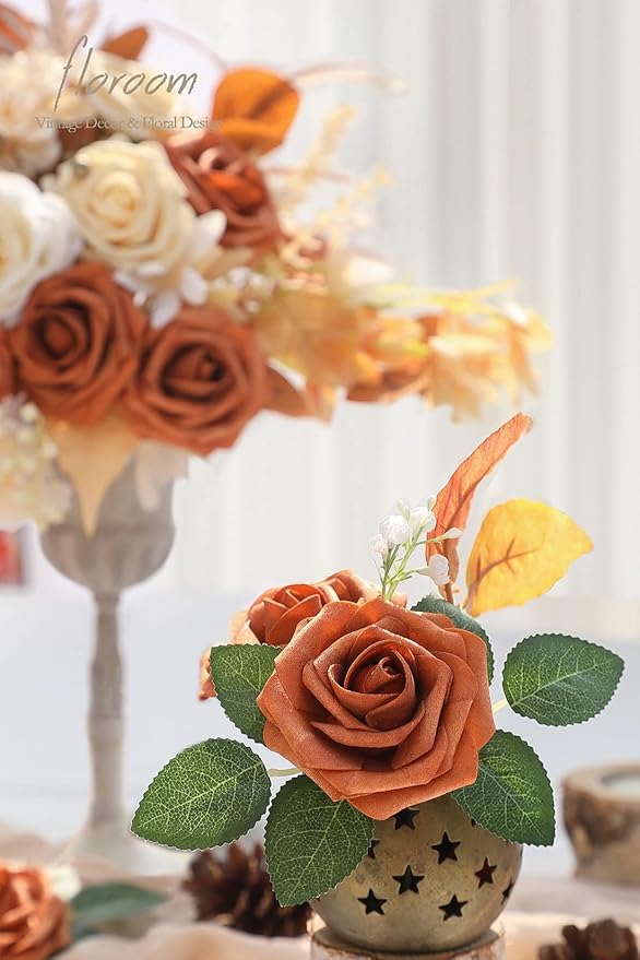 Floroom Artificial Flowers 25pcs Real Looking Burnt Orange Foam Fake Roses with Stems for DIY Terracotta Wedding Bouquets Bridal Shower Centerpieces Floral Arrangements Party Tables Home Decorations