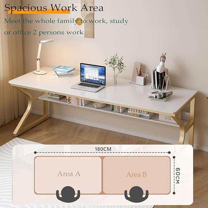 Extra Long Desk with Bookshelf - 71" Double Long Writing Table for 2-Person Workstation, Modern Study Work Computer Desk for Home and Office, Gold
