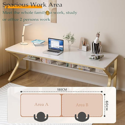 Extra Long Desk with Bookshelf - 71" Double Long Writing Table for 2-Person Workstation, Modern Study Work Computer Desk for Home and Office, Gold