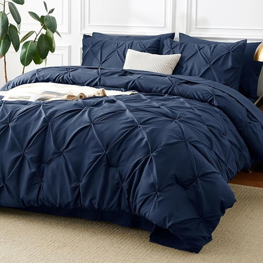 CozyLux Queen Comforter Set Navy Blue, 7 Pieces Pintuck Bed in A Bag, Premium Blue Comforter Queen Size, Pinch Pleat Bedding Sets with Comforter, Sheets, Pillowcases & Shams