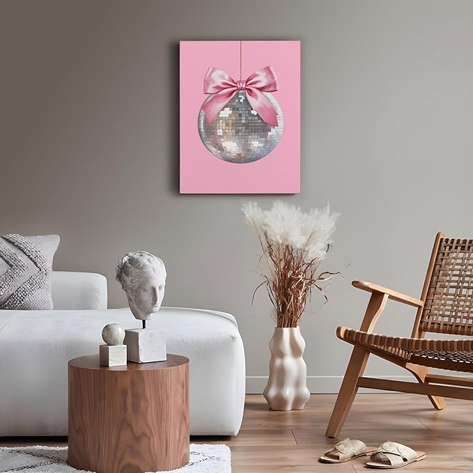 APJYM Pink Coquette Room Decor, Funky Y2K Disco Ball Preppy Wall Art, Preppy Room Decor, Trendy Retro Pink Aesthetic Posters Wall Decor for Teen Girls Bedroom Dorm Apartment Decor, 11x14 Inches Framed