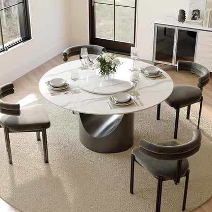 POVISON Round Dining Table for 4, 47" Glossy White Sintered Stone Tabletop Dining Table with 23" Lasy Susan, Grey Carbon Steel Pedestal, Modern Dining Room Table (Table Only)