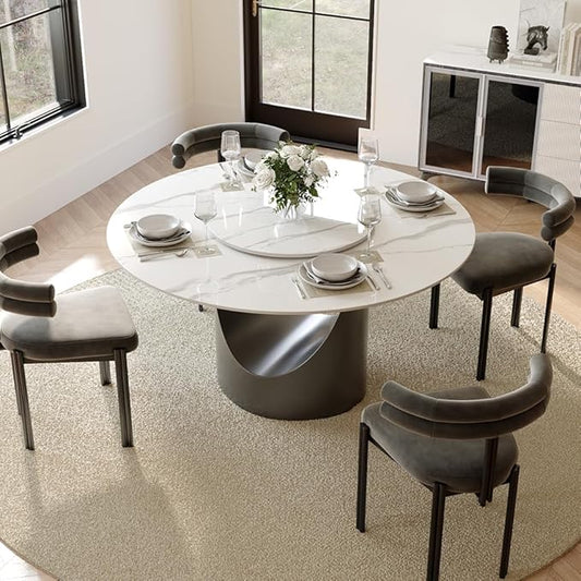 POVISON Round Dining Table for 4, 47" Glossy White Sintered Stone Tabletop Dining Table with 23" Lasy Susan, Grey Carbon Steel Pedestal, Modern Dining Room Table (Table Only)
