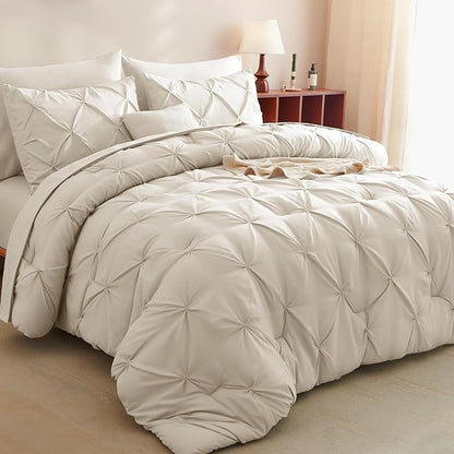 CozyLux Queen Comforter Set Beige, 7 Pieces Pintuck Bed in A Bag, Premium Beige Comforter Queen Size, Pinch Pleat Bedding Sets with Comforter, Sheets, Pillowcases & Shams