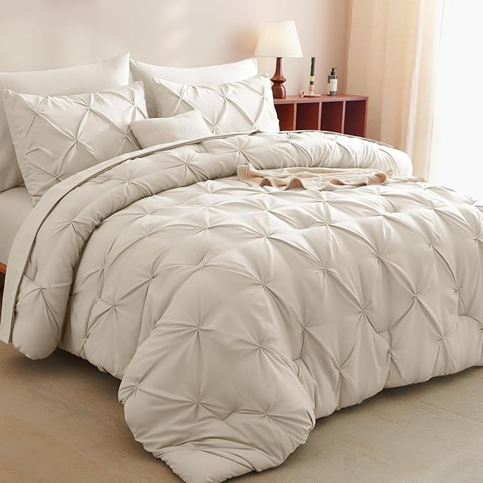 CozyLux King Size Comforter Set Beige, 7 Pieces Bed in A Bag Beige Comforter King Size, Pinch Pleat Bedding Set with All Season Comforter, Sheets, Pillowcases & Shams