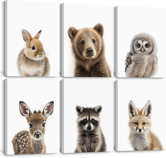 Nursery Animal Wall Art Pictures Baby Safari Canvas Wall Decor Jungle Woodland Wall Art Cute Animal Prints Paintings Nursery Kids Posters for Boys Girls Room Bedroom 12x16 Inch Wrapped Canvas Set of 6