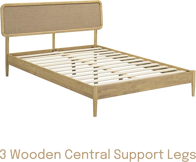 NTC Lupin Wooden Bed Frame with Headboard, Solid Oak and Rubber Wood Foundation with Silent Slats and Wood Central Supports, 1000 Lb Capacity, Queen - Sand