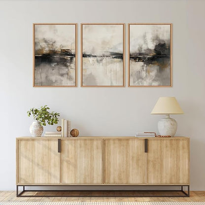 HOURIA Large Neutral Black Brown Framed Canvas Wall Art Set,Abstract Gray Wall Decor,Minimalist Beige Wall Painting,Modern Illustrations Tan Art Print for Living Room, Bedroom, Office- 24"x36"x3