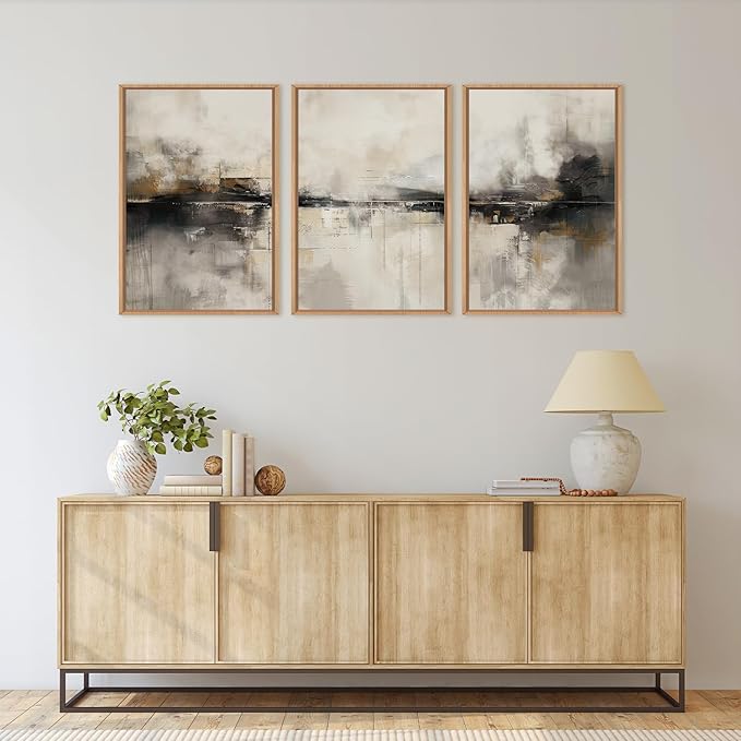 HOURIA Large Neutral Black Brown Framed Canvas Wall Art Set,Abstract Gray Wall Decor,Minimalist Beige Wall Painting,Modern Illustrations Tan Art Print for Living Room, Bedroom, Office- 16"x24"x3