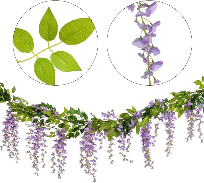 Lvydec Wisteria Artificial Garland, 4 Pcs Total 28.8ft Artificial Wisteria Vine Silk Hanging Flower for Home Garden Outdoor Ceremony Wedding Arch Floral Decor (Light Purple)
