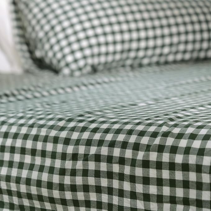 MooMee Gingham Duvet Cover Set 100% Washed Cotton Linen Like Textured Breathable Durable Soft Comfy Modern Checkered Design (Forest Green Gingham, Full 80"x90")