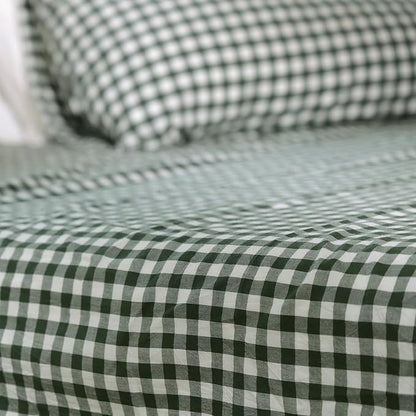MooMee Gingham Duvet Cover Set 100% Washed Cotton Linen Like Textured Breathable Durable Soft Comfy Modern Checkered Design (Forest Green Gingham, Twin 68"x90")