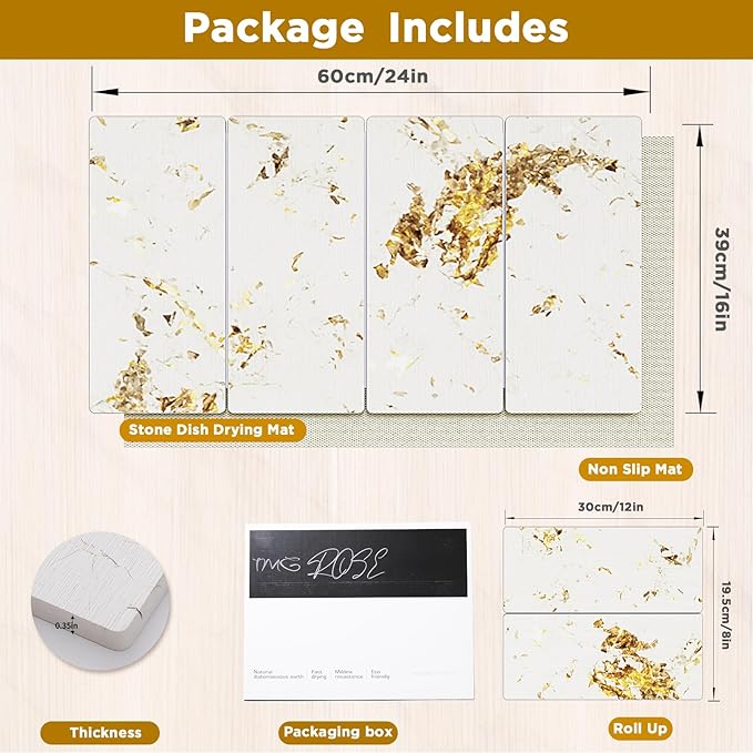 Stone Drying Mat for Kitchen Counter, White Italian Translucent Stone Dish Drying Mat-Diatomite Water Absorbing Drying Stone for Kitchen Counter Mat, Quick Dry Stone Mat Kitchen for Cups Bottles.