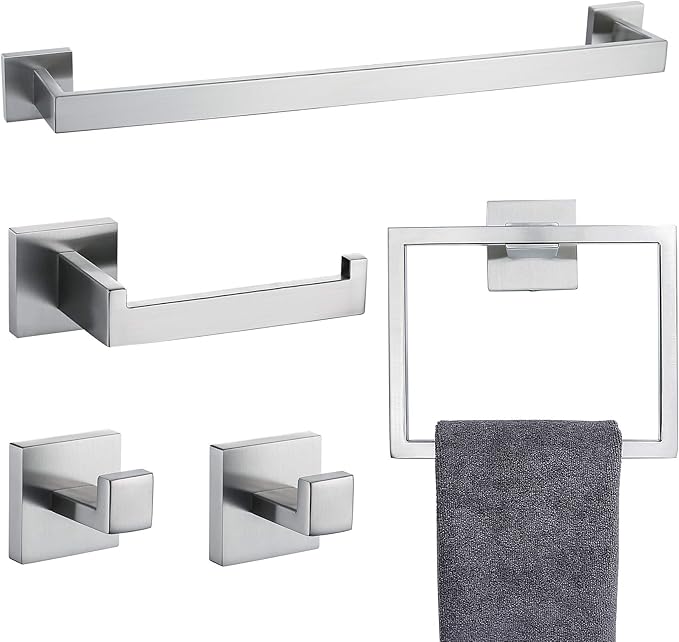 TNOMS Bathroom Towel Bar Set 5 Pieces Brushed Nickel Square Modern Bathroom Hardware Set,Stainless Steel Wall Mounted 23.6-Inch
