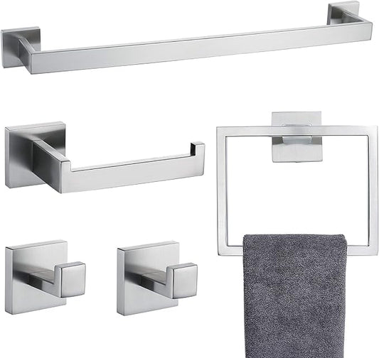 TNOMS Bathroom Towel Bar Set 5 Pieces Brushed Nickel Square Modern Bathroom Hardware Set,Stainless Steel Wall Mounted 23.6-Inch