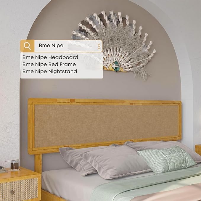 Bme Nipe Bed Frame with Headboard, Bohemian and Mid-Century Modern Style, Solid Rubber Wood Platform Bed with Slat Support, No Box Spring Needed, Easy Assembly, Queen - Natural