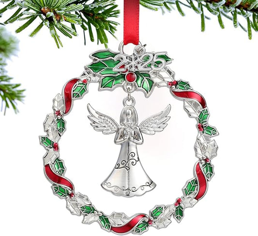 Angel Ornament 2025 for Xmas Tree Decorations Metal Christmas Wreath with Praying Angel Ornaments Silver Decorative Hanging Pendant Holiday Keepsake Gift