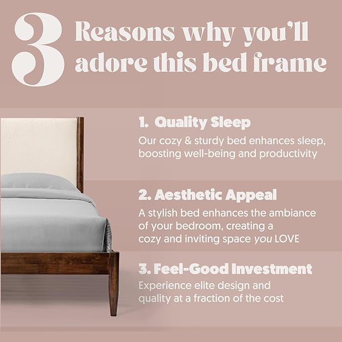 DG Casa Reign Boucle Mid-Century Modern Queen Size Wooden Platform Bed Frame - Upholstered in Cream Boucle - Solid Wood with Walnut Finish