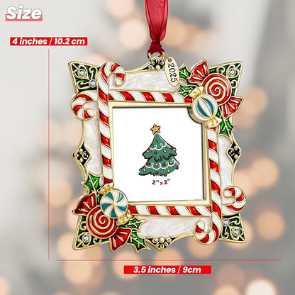 2025 Christmas Ornaments 2 inch Picture Frame Metal Hanging Pendant for Tree Small Decorative Keepsake, Display Photo for Baby and Pet (Candy Gold (2025))