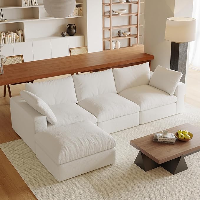Acanva Modular L-Shaped Sectional Cloud Couch, Free Combination Minimalist Sofa with Shredded Latex Filled Cushion and Removable Slipcovers for Living Room, Home Office, 3 Seater + Ottoman