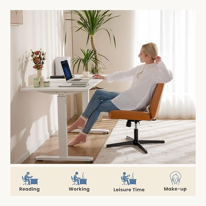 DUMOS Desk Chair No Wheels, Criss Cross Chair Wide Cross Legged Desk Vanity Chair, PU Leather Armless Adjustable Swivel Chairs for Home Computer Task Brwon