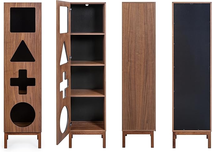 WERMO 18’’ Showcase Display Cabinet with Geometric Cut-Out Doors - Modern Curio Cabinet for Dining Room, Living Room, Entryway. Trophy Case, Collectible Display Case Wood with Door & Storage Consoles (Walnut)