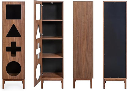 WERMO 18’’ Showcase Display Cabinet with Geometric Cut-Out Doors - Modern Curio Cabinet for Dining Room, Living Room, Entryway. Trophy Case, Collectible Display Case Wood with Door & Storage Consoles (Walnut)