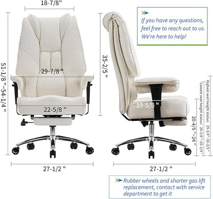 Big and Tall Office Chair 400lbs Wide Seat, Leather High Back Executive Office Chairs with Foot Rest, Ergonomic Lumbar Support for Lower Back Pain Relief (White)