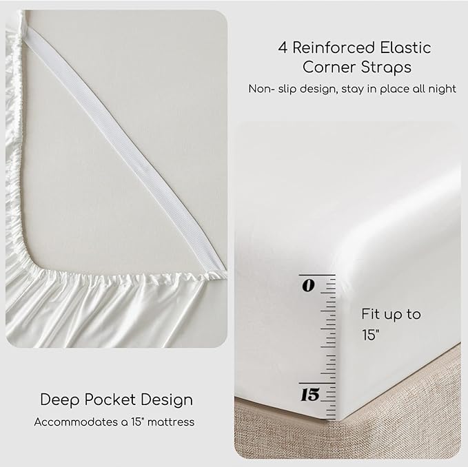 MR&HM Satin Bed Sheets, Queen Size Sheets Set, 4 Pcs Silky Bedding Set with 15 Inches Deep Pocket for Mattress (Queen, Ivory)