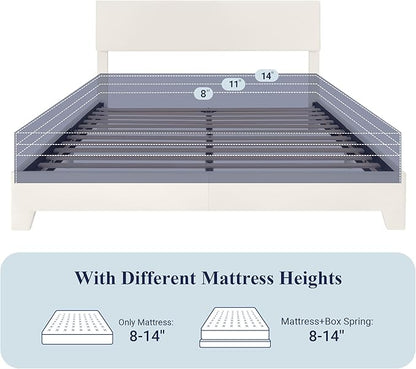 Allewie Queen Size Bed Frame with Adjustable Headboard, Faux Leather Platform Bed with Wood Slats, Heavy Duty Mattress Foundation, No Box Spring Needed, Noise-Free, Easy Assembly, White