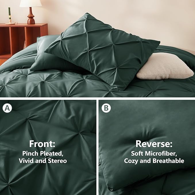 CozyLux Full Size Comforter Sets Forest Green, 7 Pieces Bed in A Bag Green Comforter Full Size, Pinch Pleat Bedding Sets with All Season Comforter, Sheets, Pillowcases & Shams