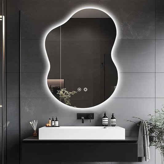 30"x22" Irregular LED Bathroom Wall Mirror with Front & Backlight, Anti-Fog, Dimmable, 3 Color Modes, Wall-Mounted [Horizontal/Vertical]