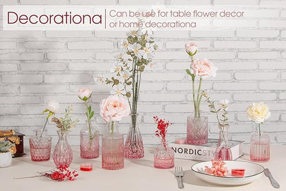 Pink Glass Bud Vases Set of 12, Vintage Mini Vases for Centerpieces, Glass Bud Vase in Bulk for Wedding Decor, Single Flowers, Office and Home Table Flower Décor