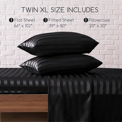 MR&HM Satin Bed Sheets, Twin XL Size Sheets Set, 3 Pcs Silky Bedding Set with 15 Inches Deep Pocket for Mattress (Twin XL, Black Striped)