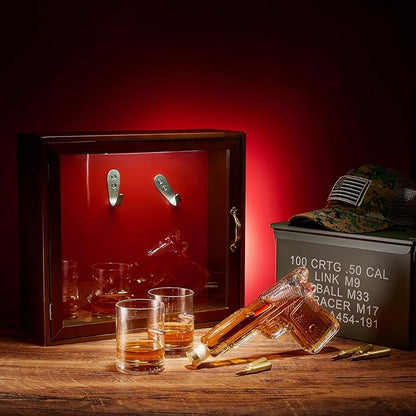 Pistol & Bullet Shot Glasses Hanging Wall Display Case With Light - 7.7 Pistol Gun Decanter & 10oz Glassware - Military Gifts, Veteran Gifts, Law Enforcement Gifts Home Bar Gifts, Drinking Accessories