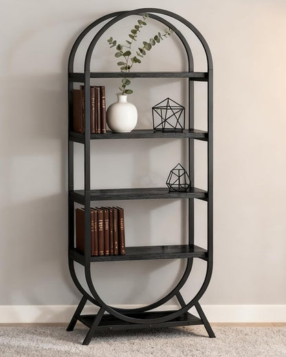 Arched Bookshelf,5-Tier Tall Wide Open Bookcase, Modern Storage Book Shelves, Freestanding Display Rack Shelving Unit for Office, Bedroom, Living Room, Easy Assembly, Black
