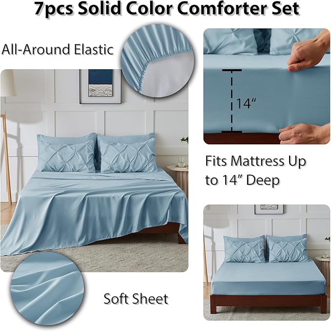 CozyLux Full Size Comforter Sets Light Blue, 7 Pieces Pintuck Bed in A Bag Blue Comforter Full Size, Pinch Pleat Bedding Sets with All Season Comforter, Sheets, Pillowcases & Shams