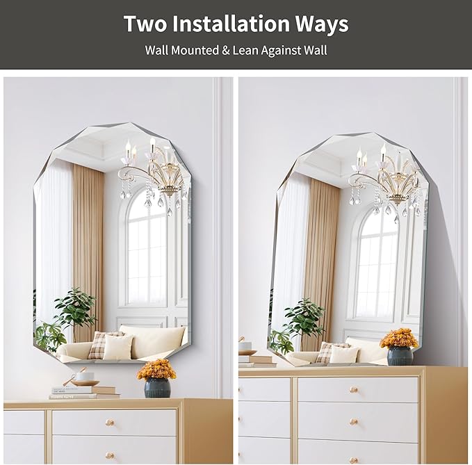 KOCUUY 24"x36" Frameless Wall Mirror, Arched Shape with Diamond-Shaped Beveled Edge,Unframed Decorative with Upgraded Shatterproof Glass,Unique Frameless Mirror for Bathroom,Living Room,Bedroom