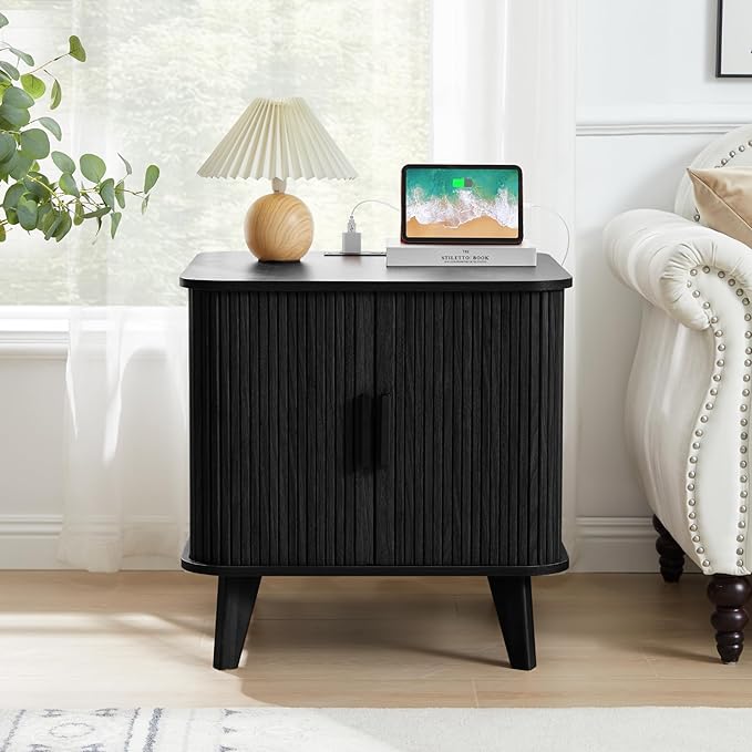 24 Inch Wood Nightstands Set of 2, Mid-Century Modern End Table with Charging Station 2AC+3USB, BedSide Table with Storage & Sliding Door (2XSquare, Black)