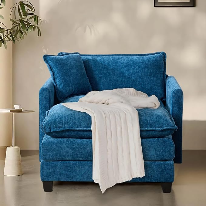 SoarFlash Chenille Sectional Sofa, Comfy Modular Single Sofa with Ottoman, Modern Recliner Deep Seat Sofa Set for Living Room,Blue