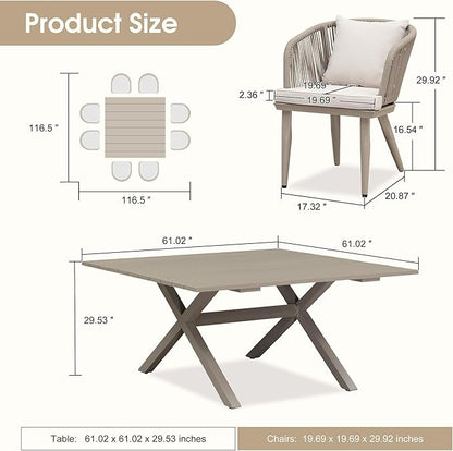 PURPLE LEAF 9 Pieces Outdoor Metal Furniture Set Patio Conversation Sets Dining Table Set, 1 Square Dining Table and 8 Modern Chairs with Cushions Seat Champagne