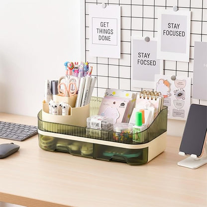 Large Plastic Makeup Organizer with Rotating Brush Holder for Vanity - Bathroom Countertop Skin Care Storage, Easy for Lipsticks, Nail Polishes, Perfumes & Eyeshadow Palettes