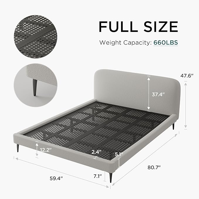 Acanva Modern Minimalist Upholstered Platform Bed Frame with Headboard, Mattress Foundation Base with Metal Slats Support, No Box Spring Needed, Non-Slip, White, Full Size
