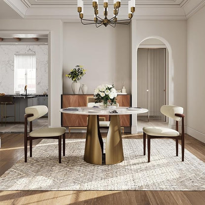 POVISON Round Dining Table for 4, Modern Glossy White Dining Table 51", Sintered Stone Dining Tabletop with Bronze Carbon Steel Pedestal (Dining Room Table Only)