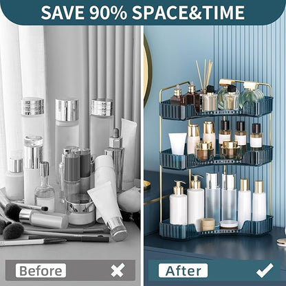 Corner Bathroom Counter Organizer Bathroom Countertop Shelf Makeup Organizer for Vanity Perfume Corner Storage (3 Tiers, Blue)